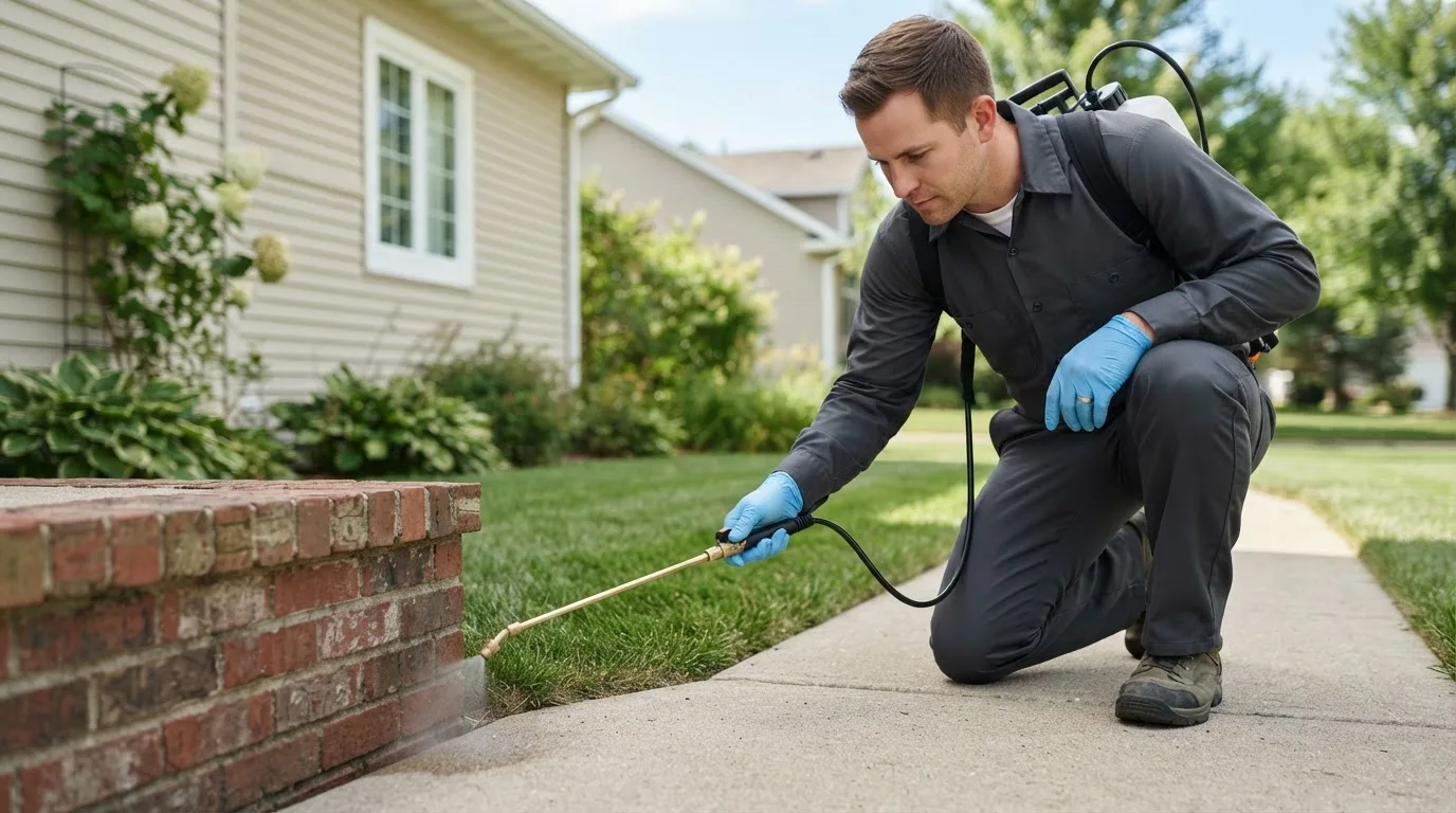 Pest control technician treating a home near Trufant, MI