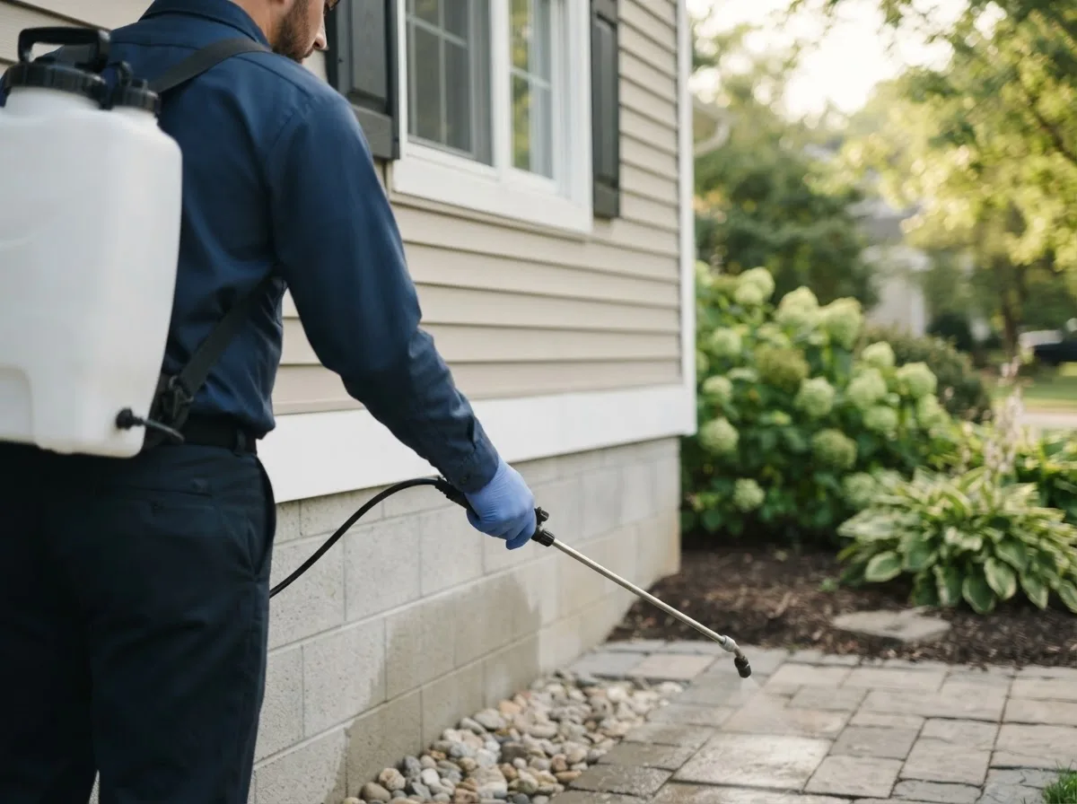 Pest control technician inspecting a home in Trufant, MI